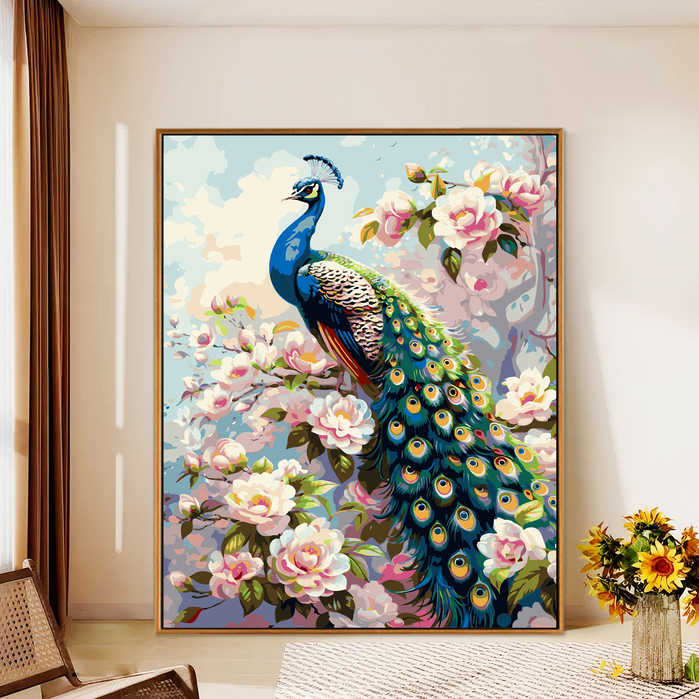 新中式孔雀牡丹富贵吉祥数字油画diy油彩画手绘玄关客厅装饰画