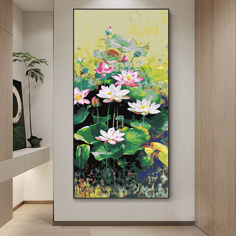 中式荷花diy数字油彩画手工填色手绘丙烯画客厅卧室玄关装饰画图片