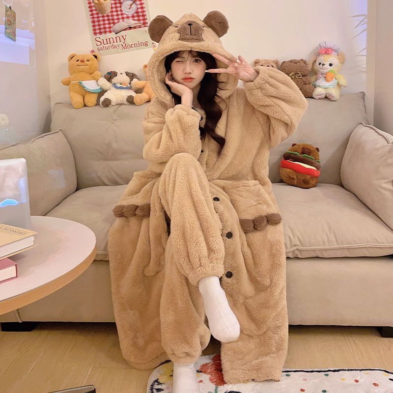 珊瑚绒连帽睡袍女士春秋冬季2025新款加绒加厚保暖睡衣家居服套装