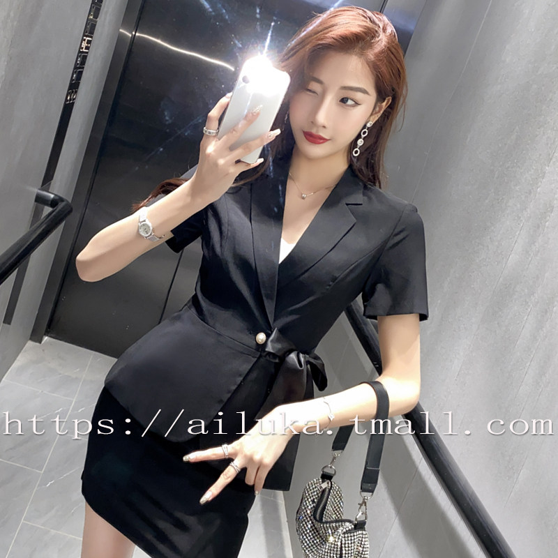 短袖西装外套女薄款2023新款休闲黑色套裙两件套短款夏季西服上衣