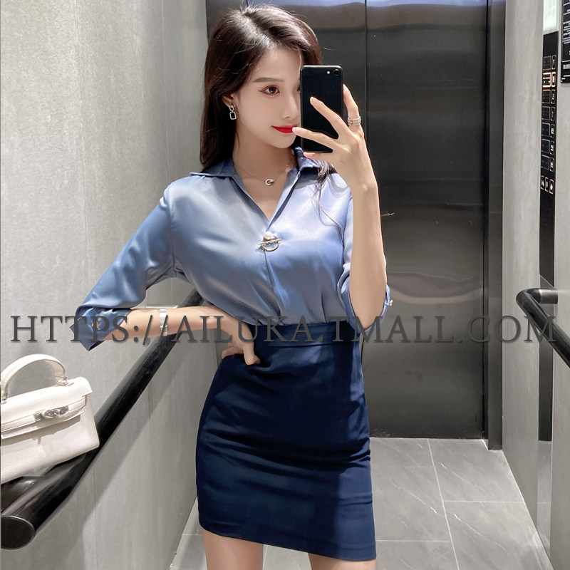 职业套装女夏季新款时尚高端V领女士衬衫珠宝店美容院前台工作服
