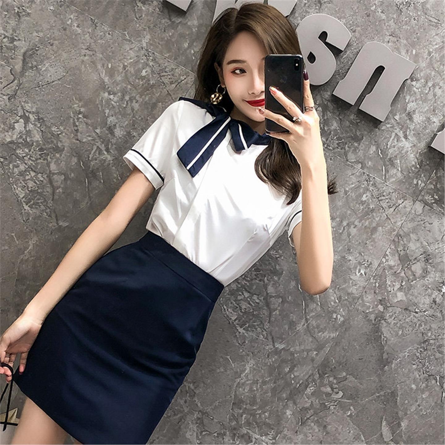 空乘职业套装女制服女神范白色空姐套裙通勤风OL风格聚酯纤维修身