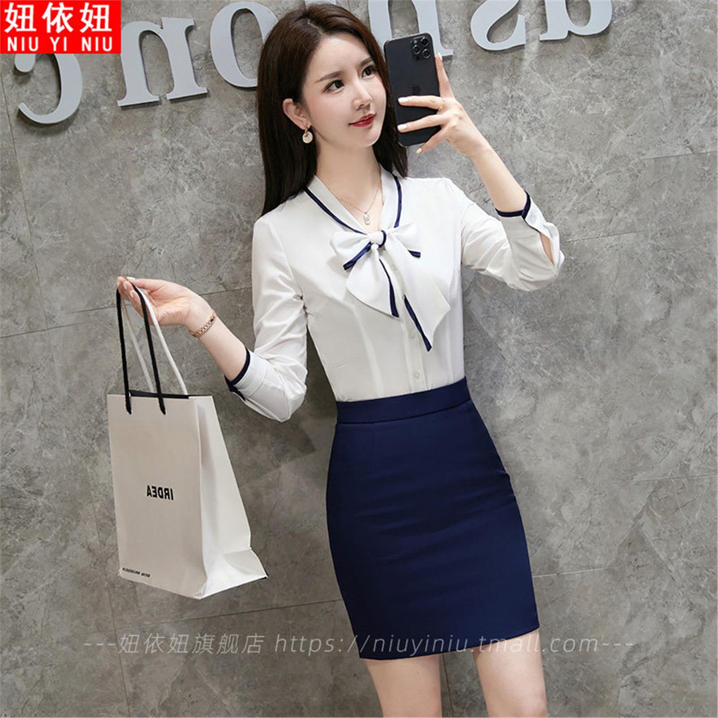 白色衬衫女长袖蝴蝶结通勤干练职业衬衣气质女神范修身上衣工作服