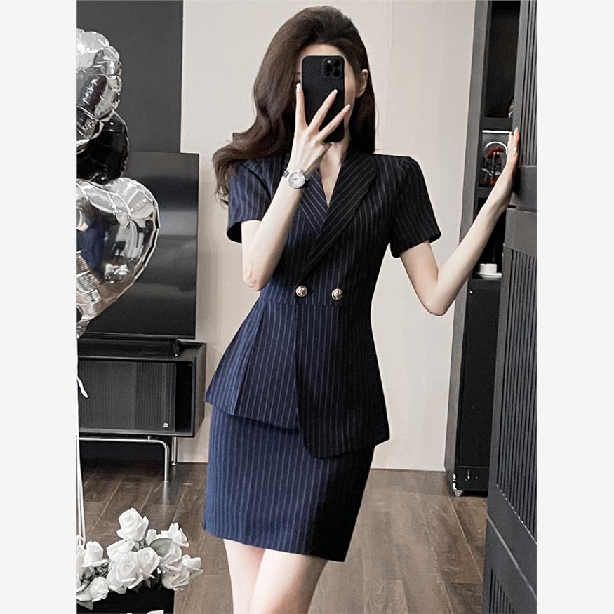 短袖条纹西装外套女正装2024新款夏季气质高端职业套装制服工作服
