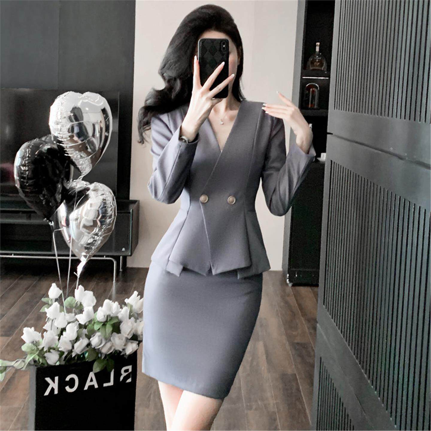灰色西装套装裙女2026新款秋冬高级感气质工作服酒店前台接待制服