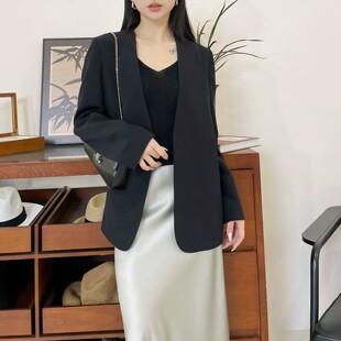 轻熟优雅风西装女长袖30姆米桑蚕丝弹力重绉双层真丝无领上衣外套