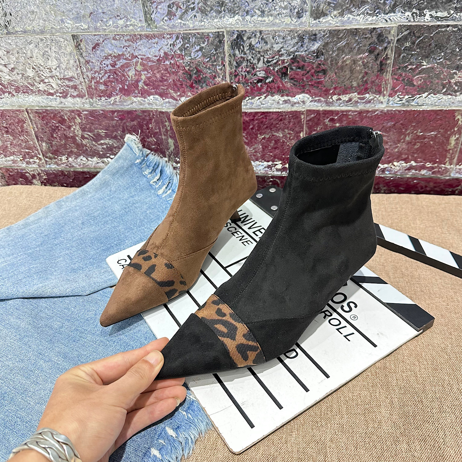 2025秋冬季新款拼接绒面马丁靴高跟豹纹小众复古时装靴欧美女靴子