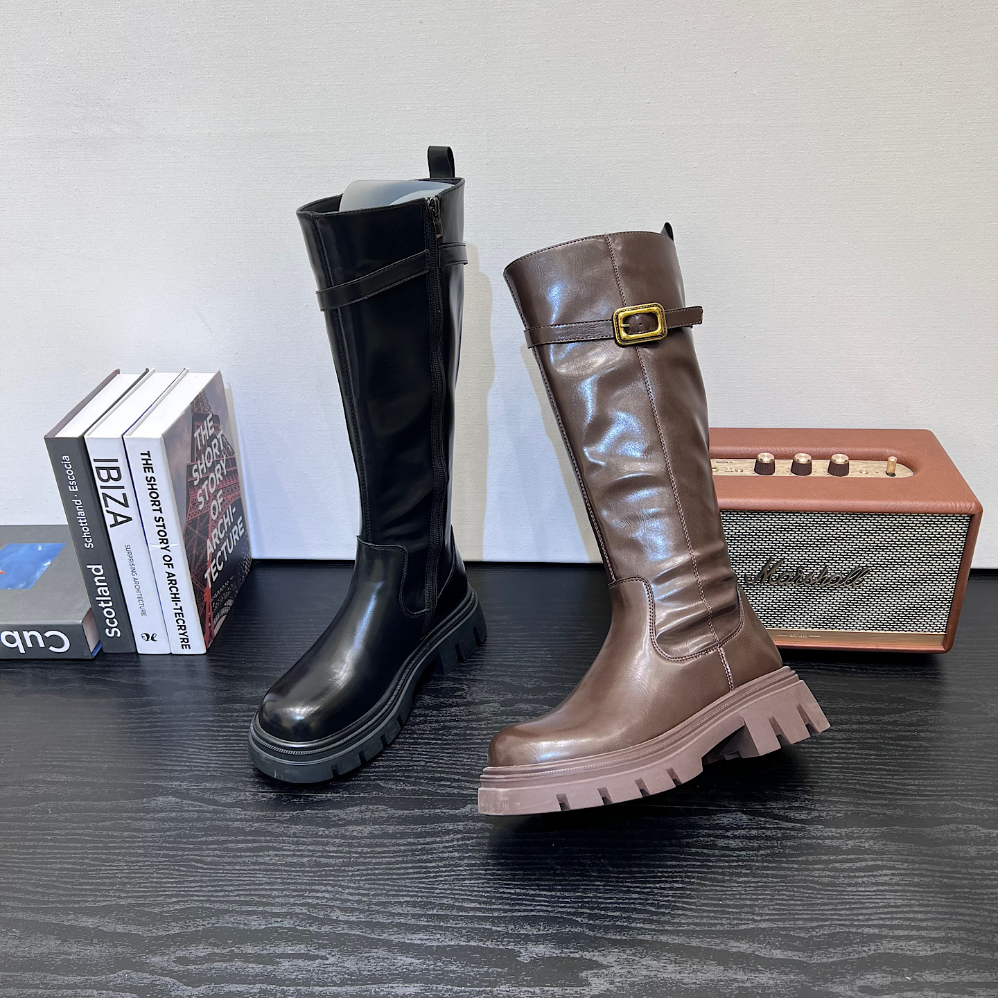 2025秋冬新款厚底粗跟棕色女靴加绒保暖骑士靴高筒靴长筒靴女靴子