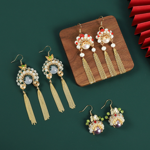 设计感新中式刀马旦脸谱流苏耳环女珍珠手工长款复古气质国风耳饰