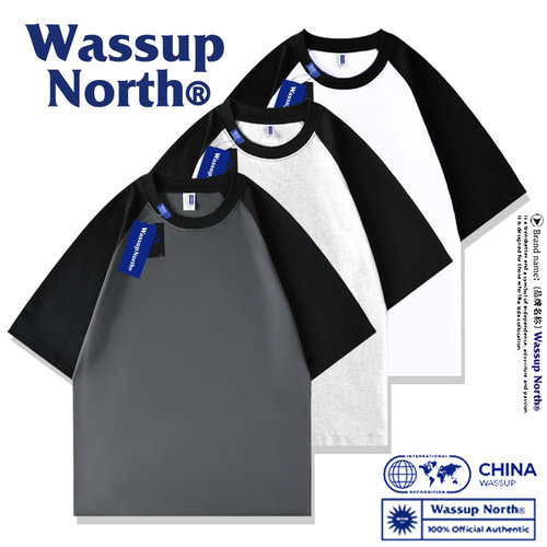 WASSUP NORTH2025年夏季重磅纯棉插肩短袖T恤男女款简约纯色圆领