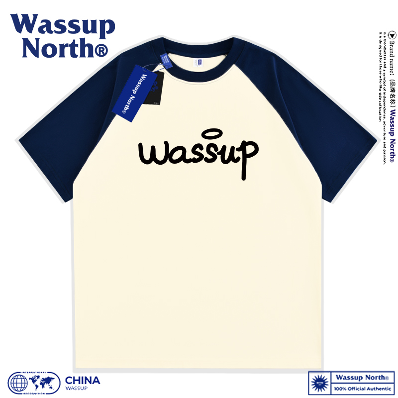 WASSUP NORTH纯棉圆领插肩短袖t恤男士夏季潮牌拼接撞色半袖T恤衫