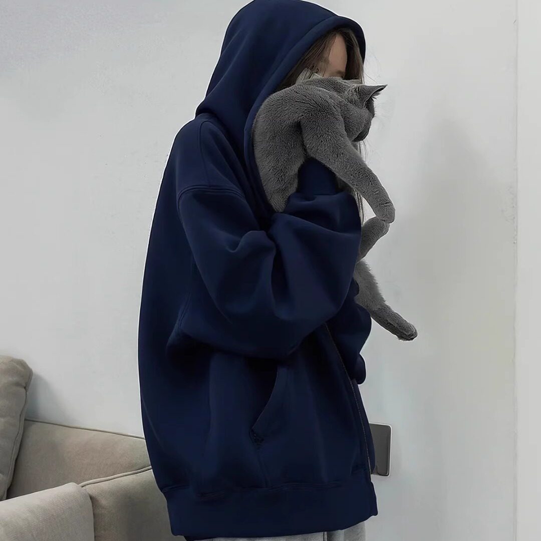 藏青色拉链连帽卫衣女松弛感韩版宽松加绒加厚学生小个子开衫外套