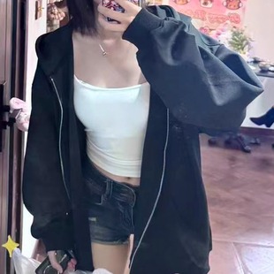 黑色宽松卫衣女款连帽拉链开衫外套秋冬季小个子韩版慵懒风学生潮