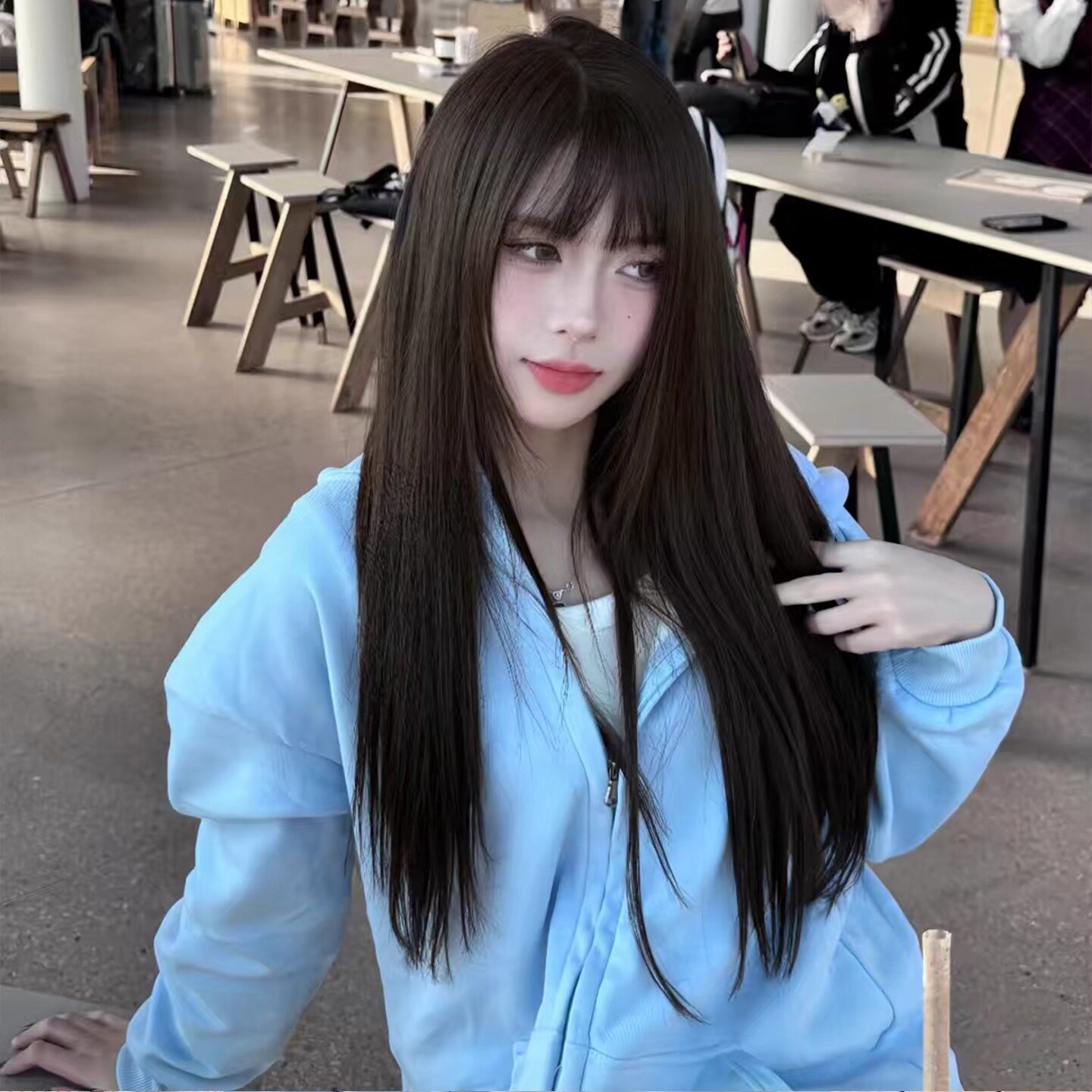 浅蓝色宽松简约连帽卫衣女百搭开衫外套小众高级感韩版慵懒风复古