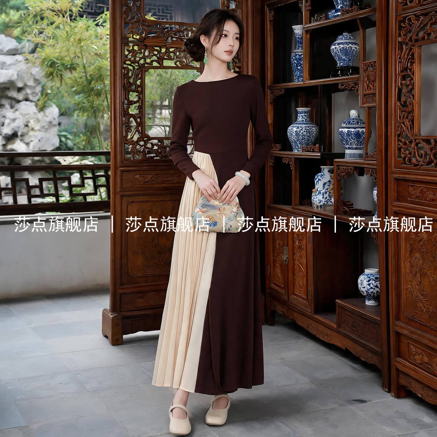 咖色拼接长袖连衣裙女春秋