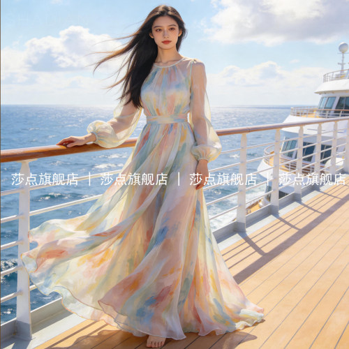 彩色晕染长袖雪纺连衣裙女夏