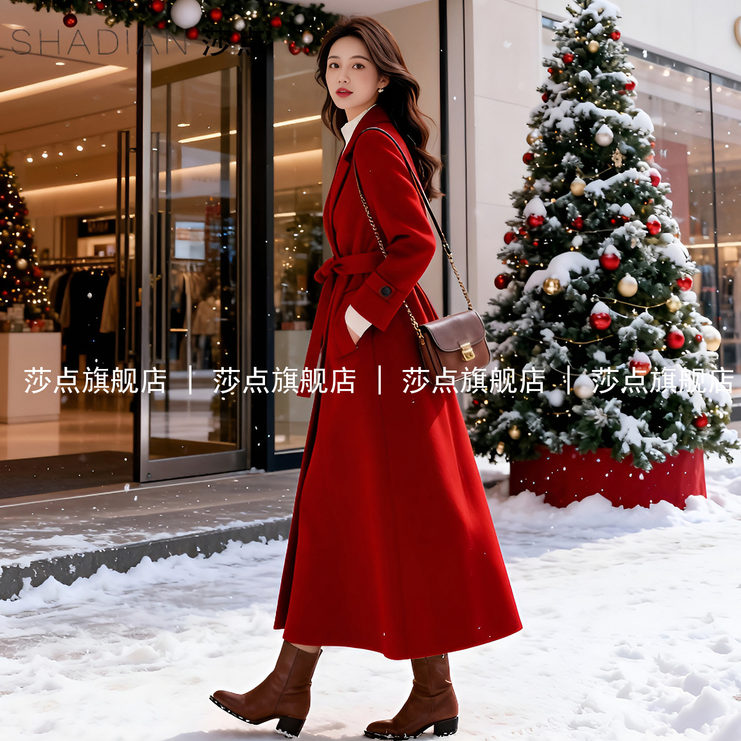 红色长款毛呢大衣修身收腰系带加厚外套新年好运穿搭结婚订婚年服