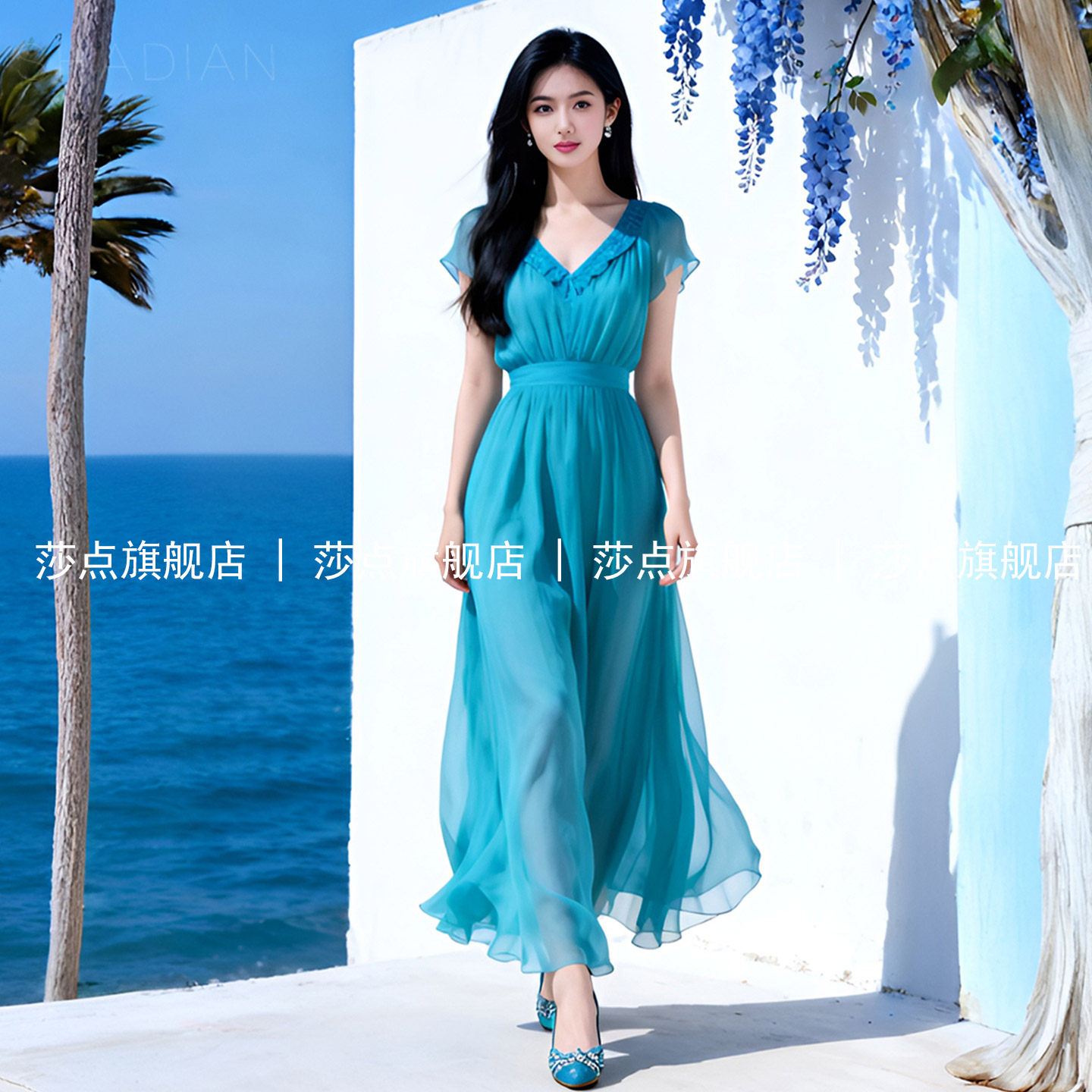 V领短袖蓝色雪纺连衣裙女夏
