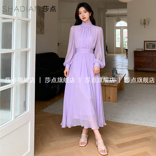 紫色温柔风薄纱连衣裙2026春秋气质收腰长袖雪纺长裙长款设计感