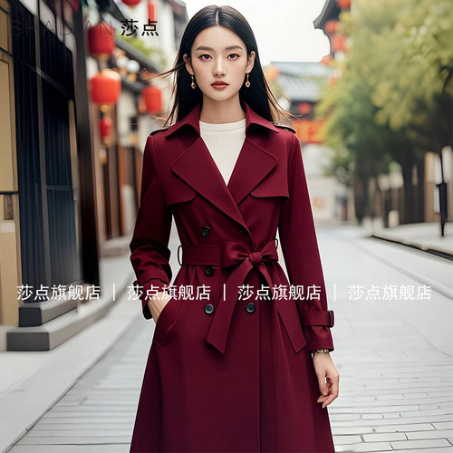 酒红色风衣外套过膝大衣