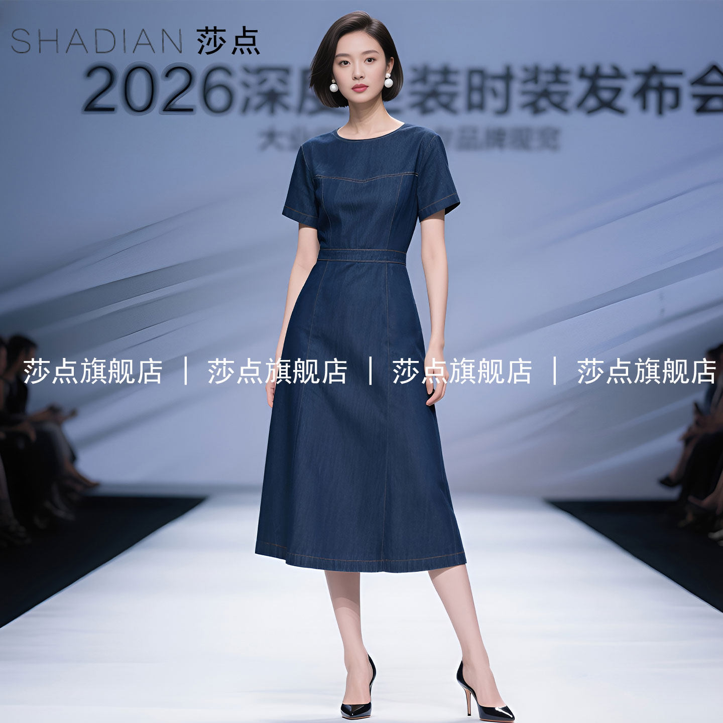 蓝色牛仔连衣裙女夏短袖高级感2026新款减龄过膝长裙气质感裙子