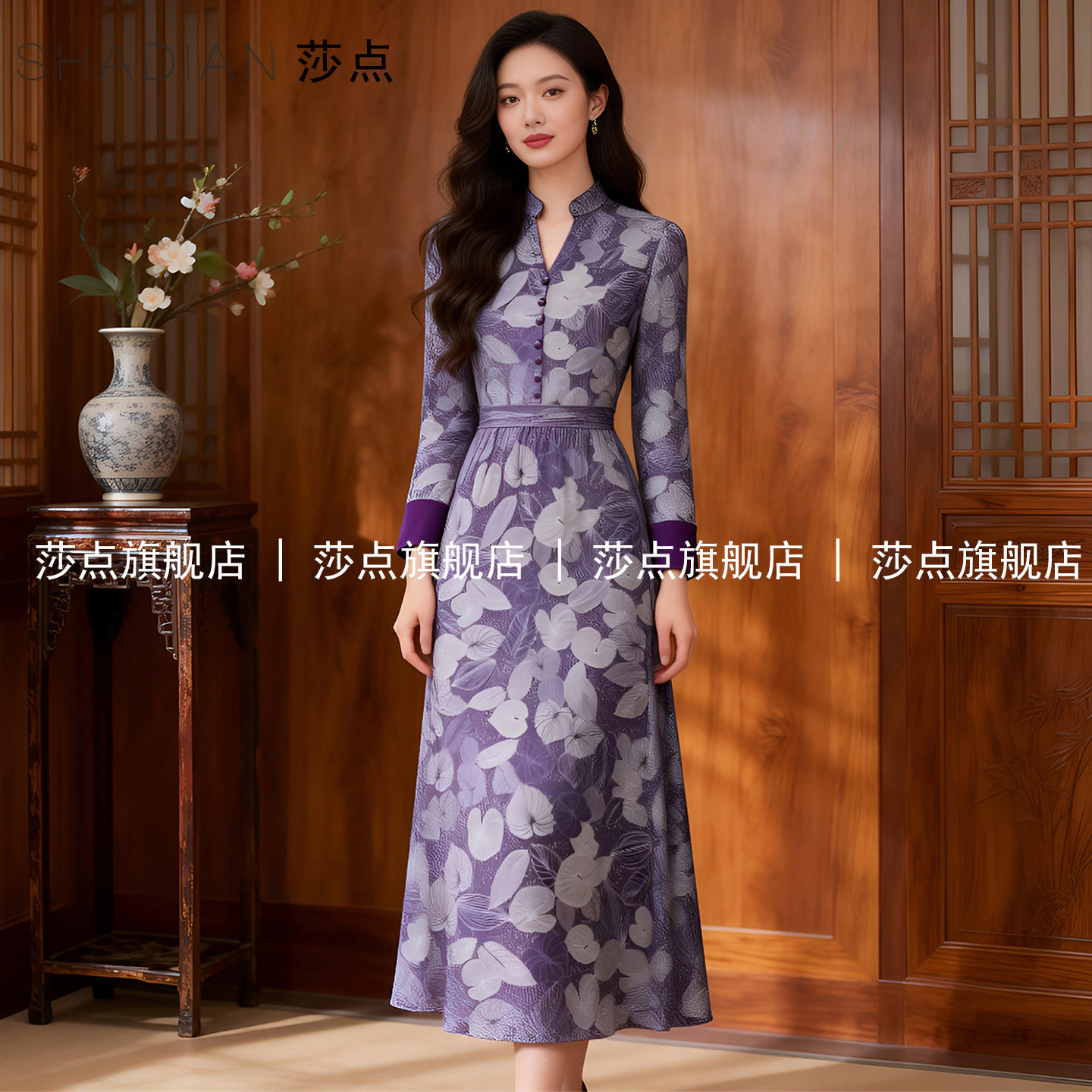 2026春季新款V领单排扣长袖连衣裙女气质修身宴会长款长裙礼服裙 - 莎点服饰旗舰店出品