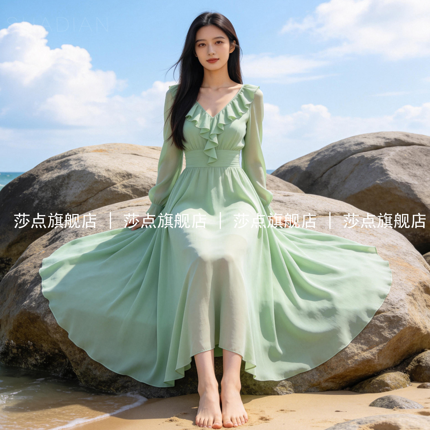 绿色长袖V领薄纱连衣裙女夏