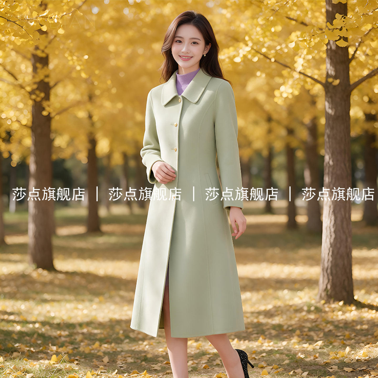 豆绿色翻领单排扣呢子大衣女冬