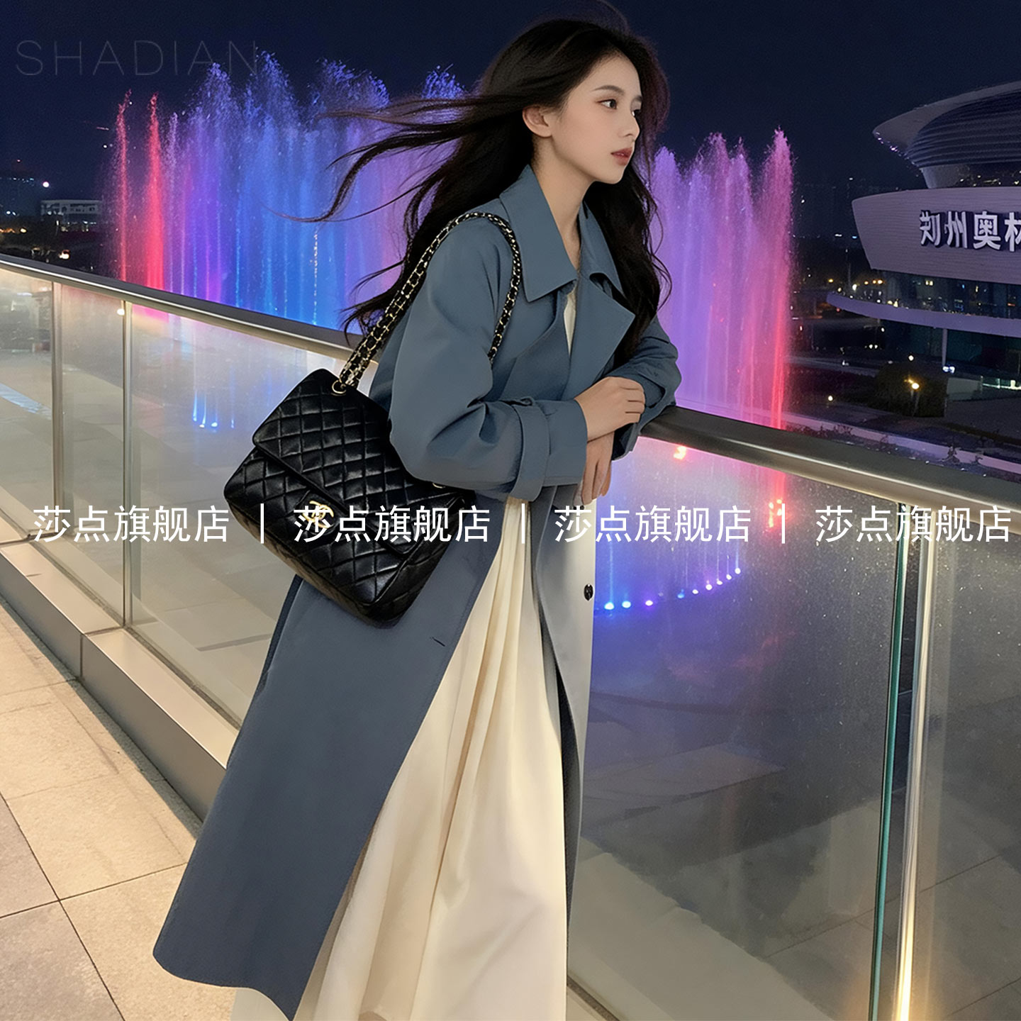 蓝灰色单排扣时尚风衣女中长款