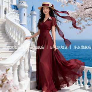 酒红色V领短袖薄纱连衣裙女夏2026气质收腰长裙海边度假沙滩裙
