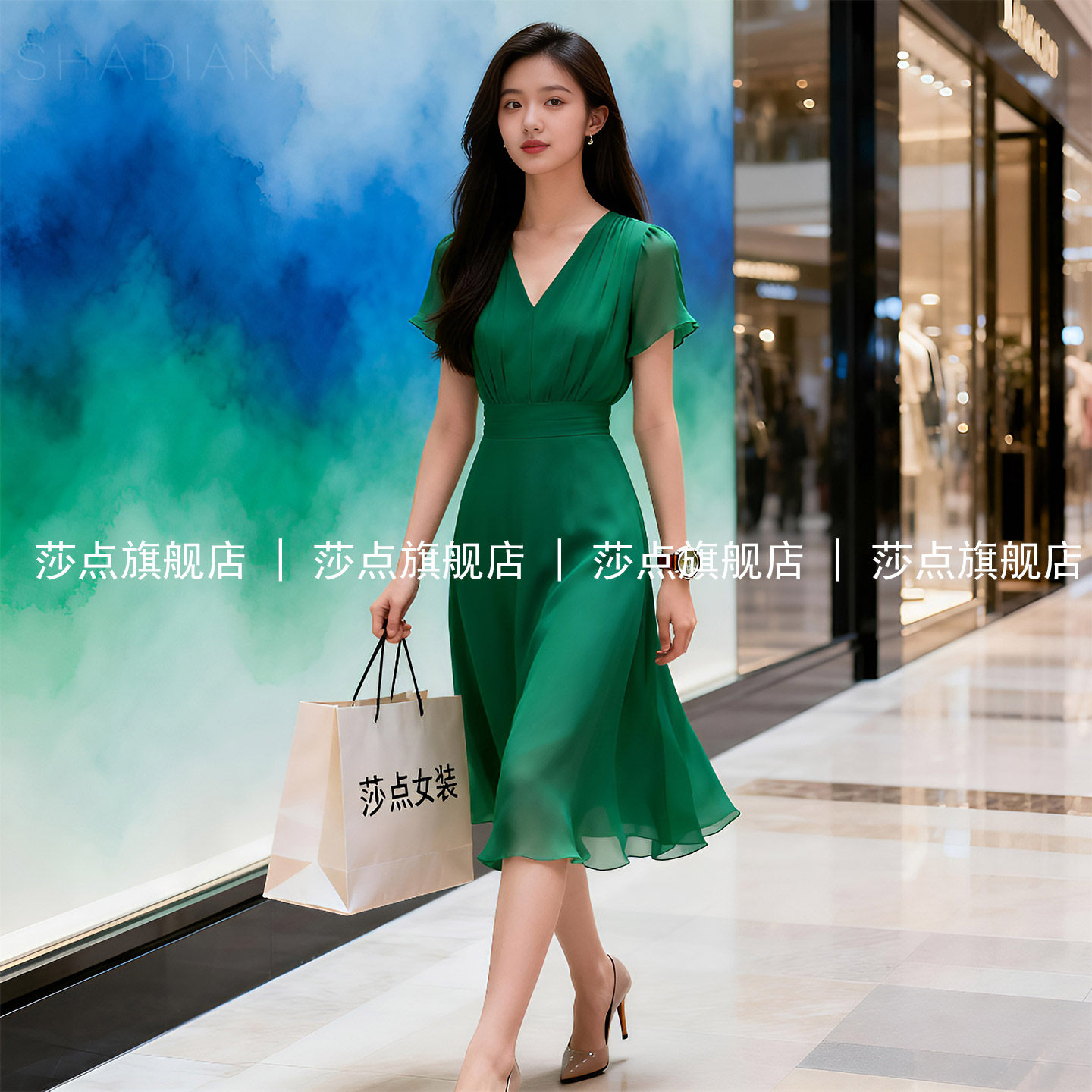 V领短袖薄纱绿色连衣裙女夏