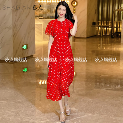红色波点连衣裙女夏气质长裙
