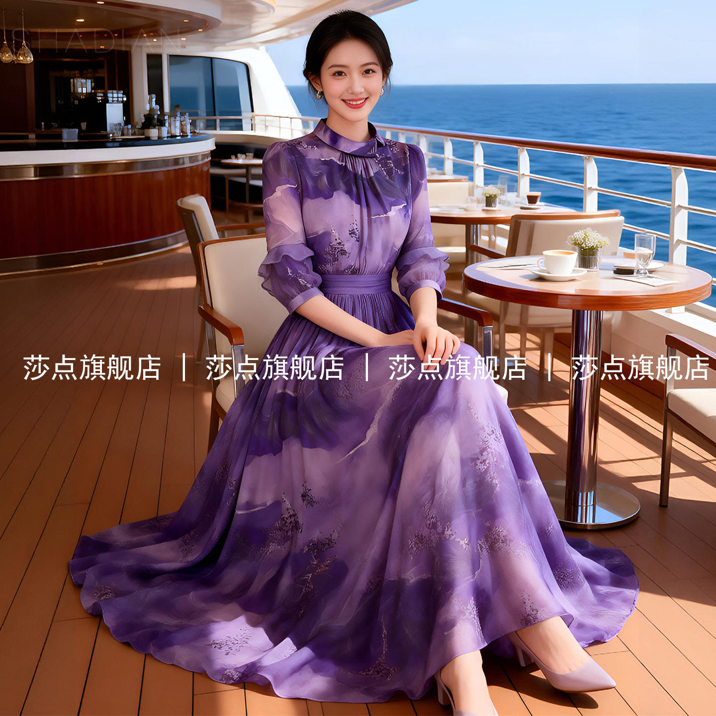 紫色短袖碎花连衣裙女夏海边度假沙滩裙高级感气质修身大摆长裙