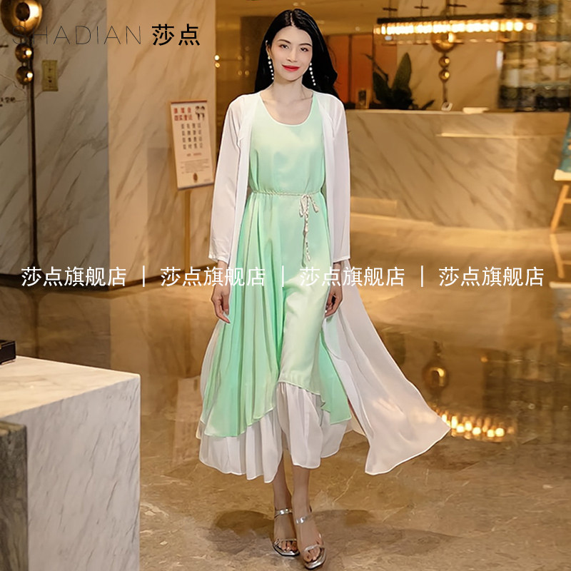 拼接薄纱连衣裙休闲套装裙女夏2026新款气质长裙子套装披肩两件套