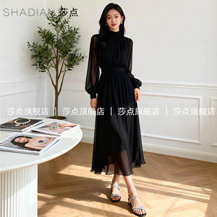 黑色薄纱连衣裙2026早春气质收腰长袖雪纺长裙长款大摆裙高级感