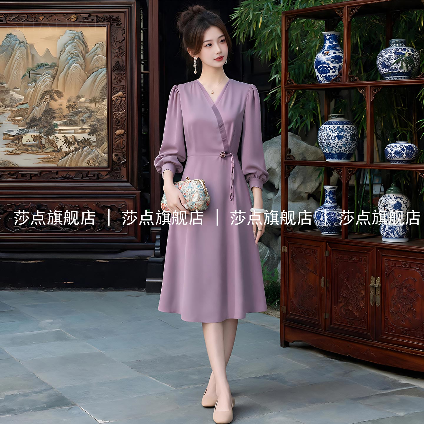 紫色系带V领长袖连衣裙女春秋