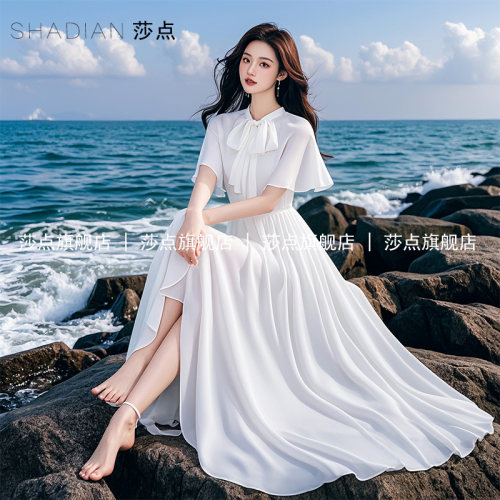 薄纱白色连衣裙女夏气质长款