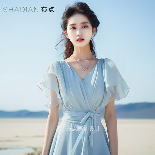 莎点度假风收腰大摆裙