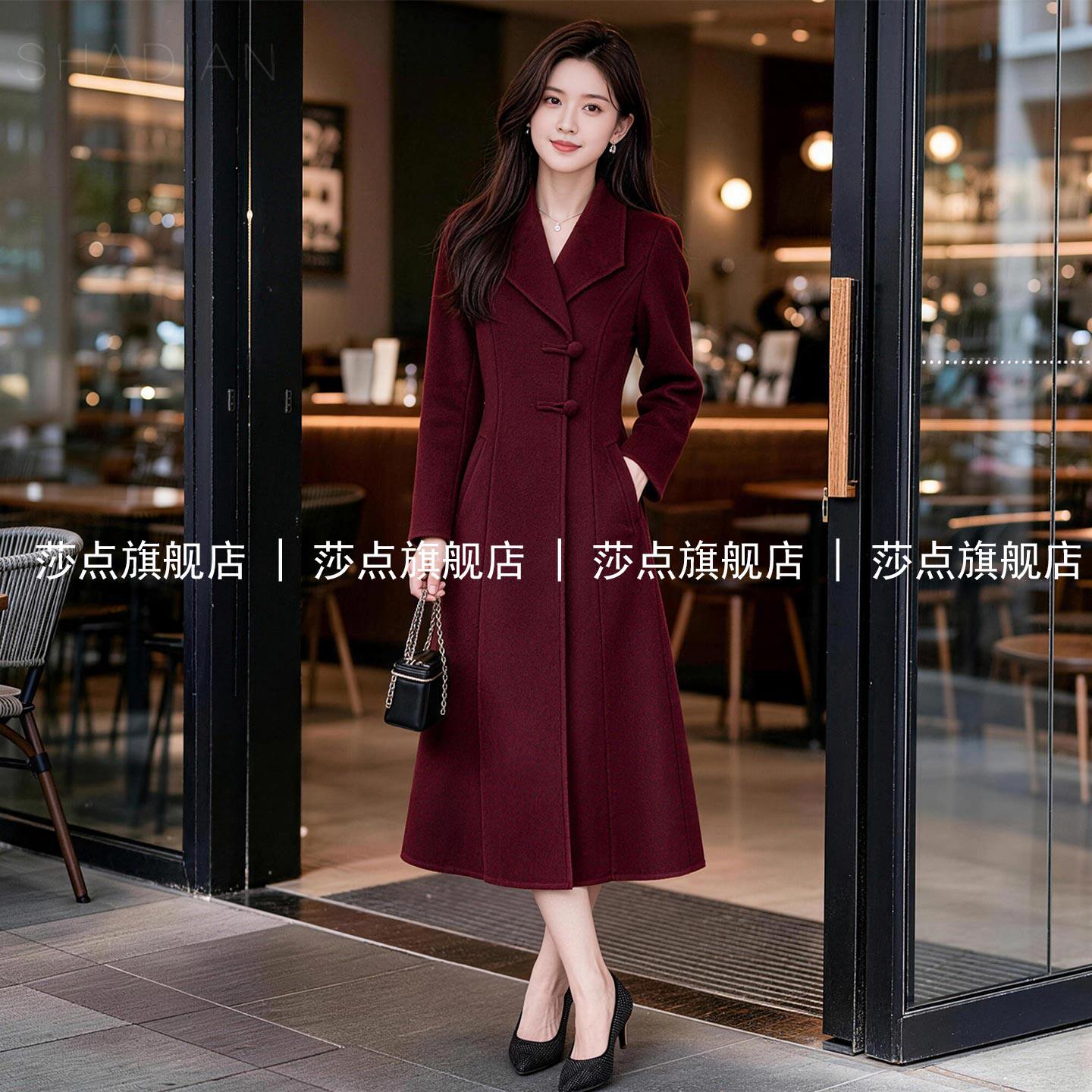 酒红色西装领单排扣呢子大衣女