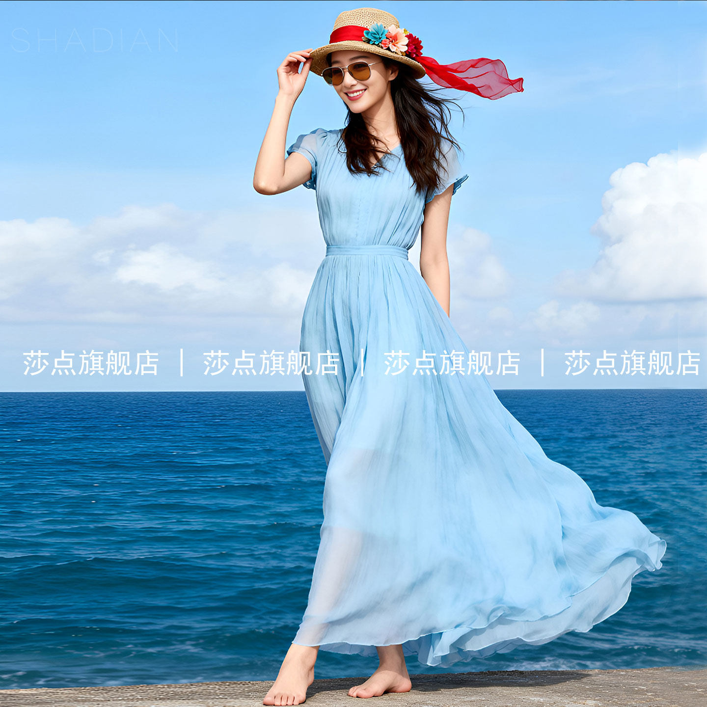 V领短袖蓝色薄纱连衣裙女夏