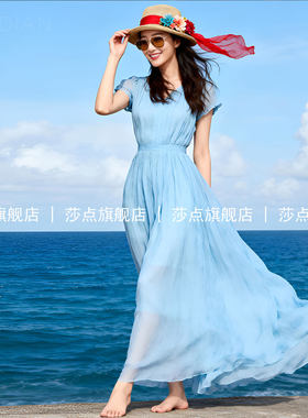 V领短袖蓝色薄纱连衣裙女夏
