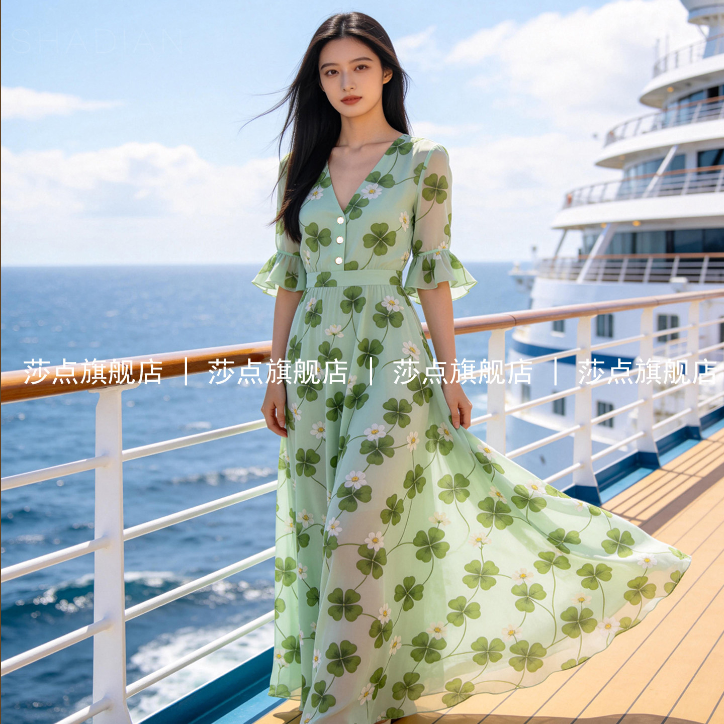 绿色V领短袖碎花连衣裙女夏