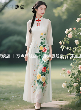 薄纱白色新中式国风旗袍连衣裙女夏收腰裙子度假雪纺气质脚踝长裙