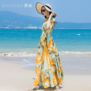 雪纺连衣裙女夏季2026新款长款短袖裙子海边度假沙滩裙脚踝长裙