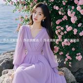 法式 紫色V领雪纺连衣裙女夏长袖 海边度假长裙大摆裙沙滩裙高级感