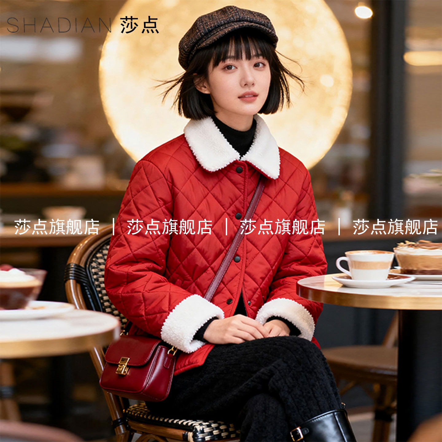 红色菱格羽绒棉服女短款小个子加厚2025冬季新款翻领棉衣时尚棉袄