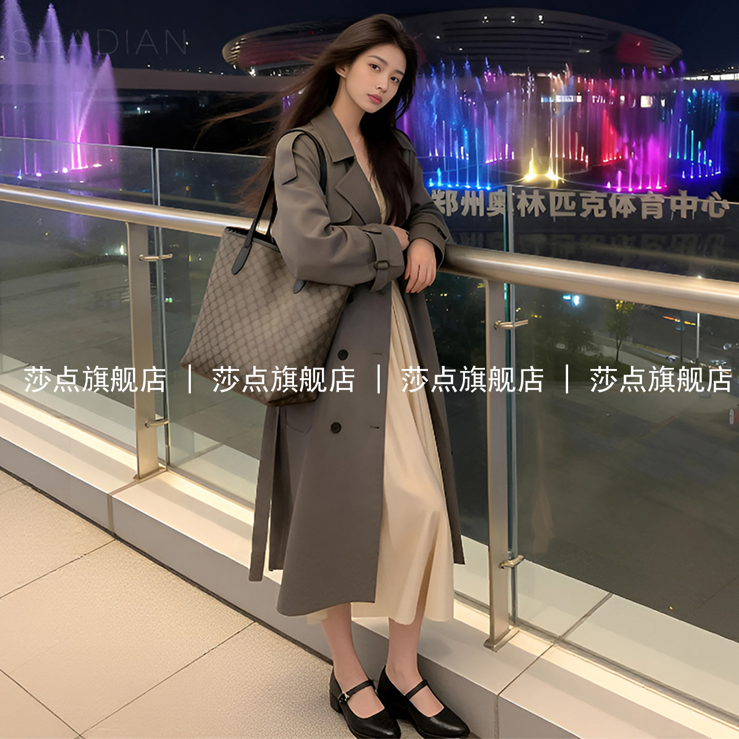 灰色休闲时尚风衣女中长款