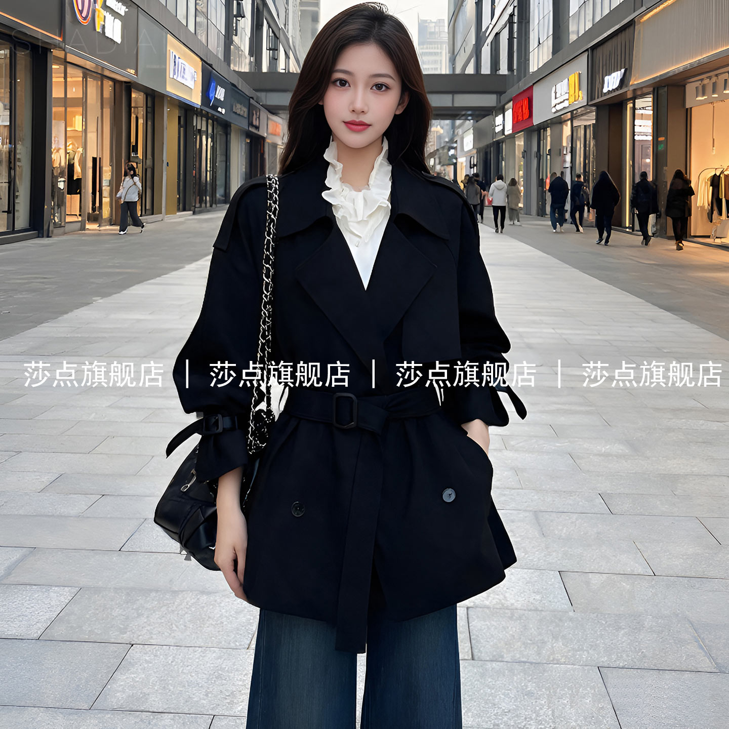 黑色休闲短款风衣外套女小个子
