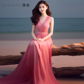 粉色长裙雪纺连衣裙无袖 时尚 大摆裙收腰显瘦大摆裙海边度假沙滩裙