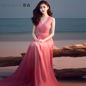 粉色长裙雪纺连衣裙无袖时尚大摆裙收腰显瘦大摆裙海边度假沙滩裙